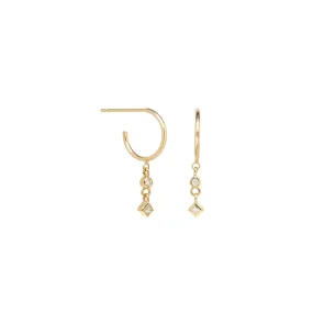 14k dangling two mixed diamond thin huggie hoops