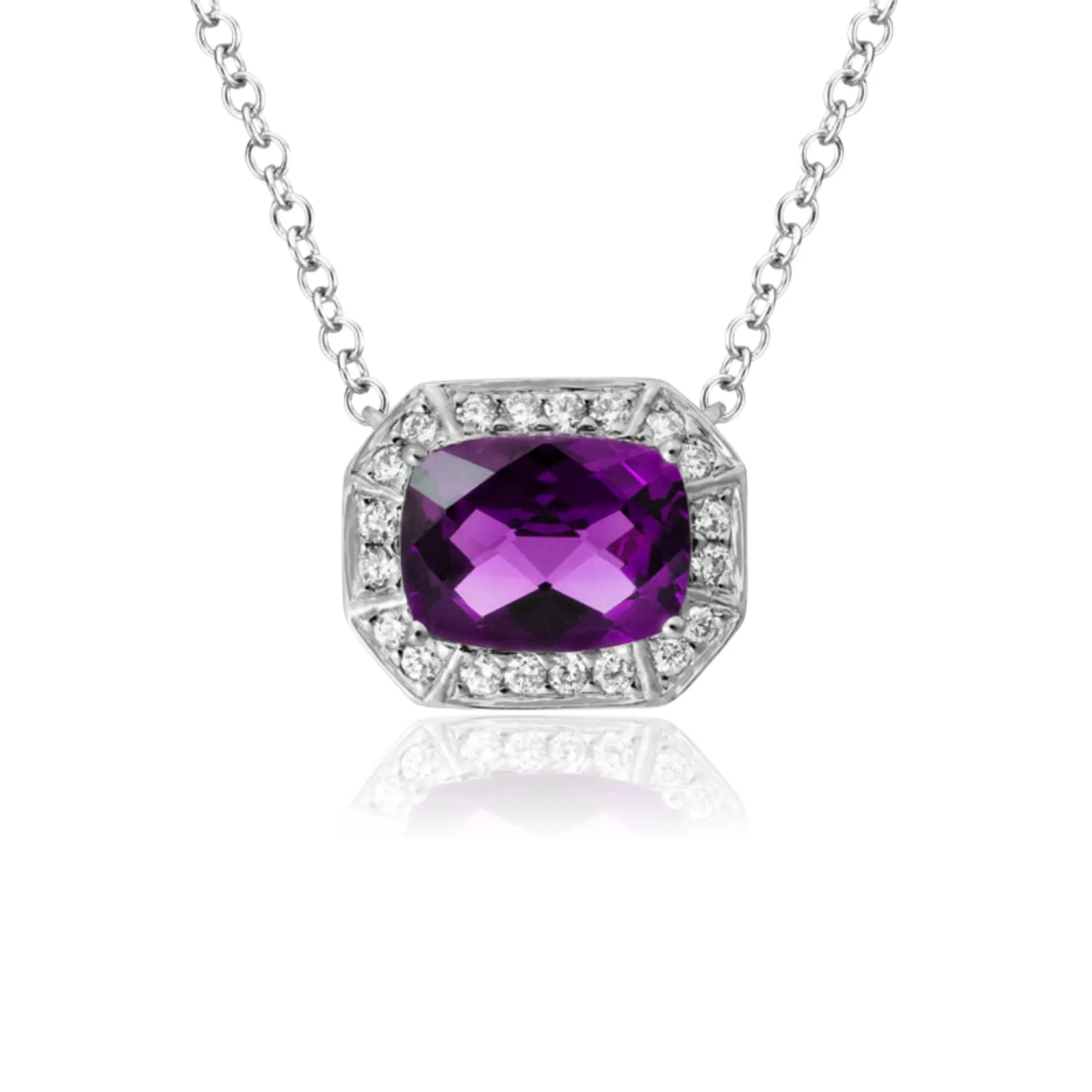 14K WHITE GOLD EAST-WEST SET AMETHYST AND DIAMOND HALO PENDANT