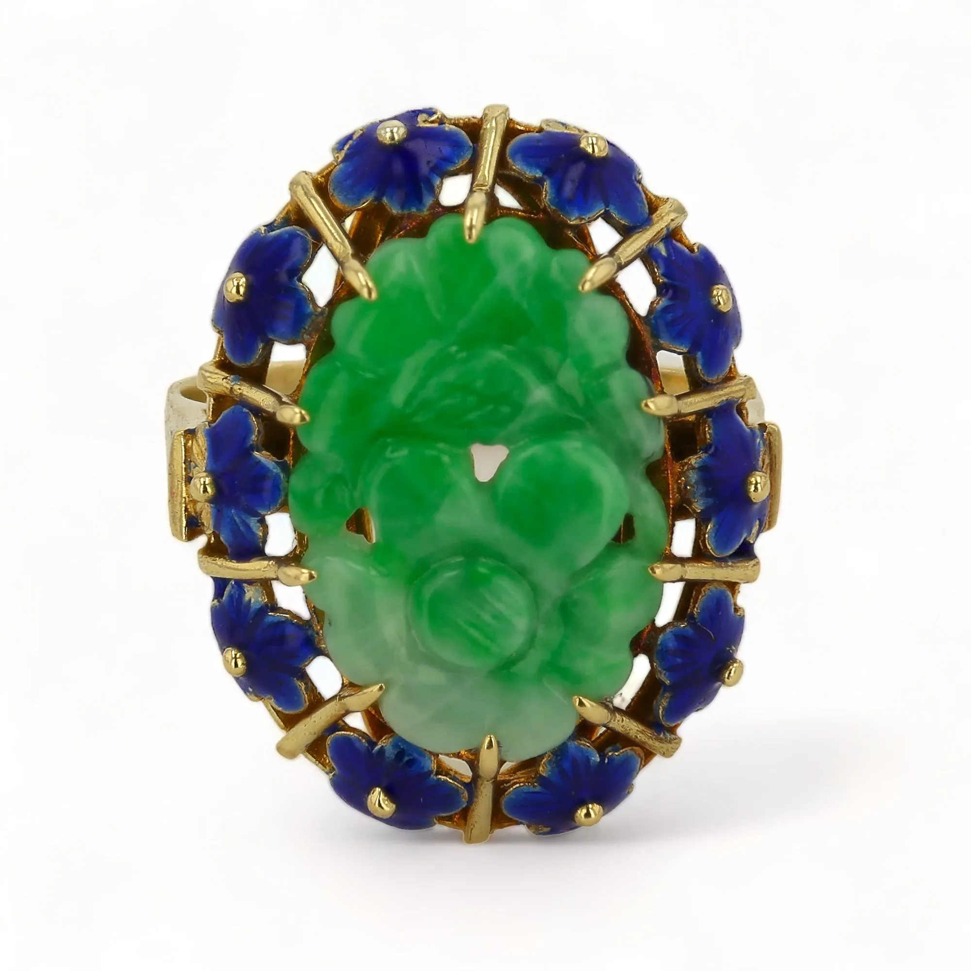 14K Yellow gold oval handcrafted jade  clover surrounded blue enamel estate ring-4444