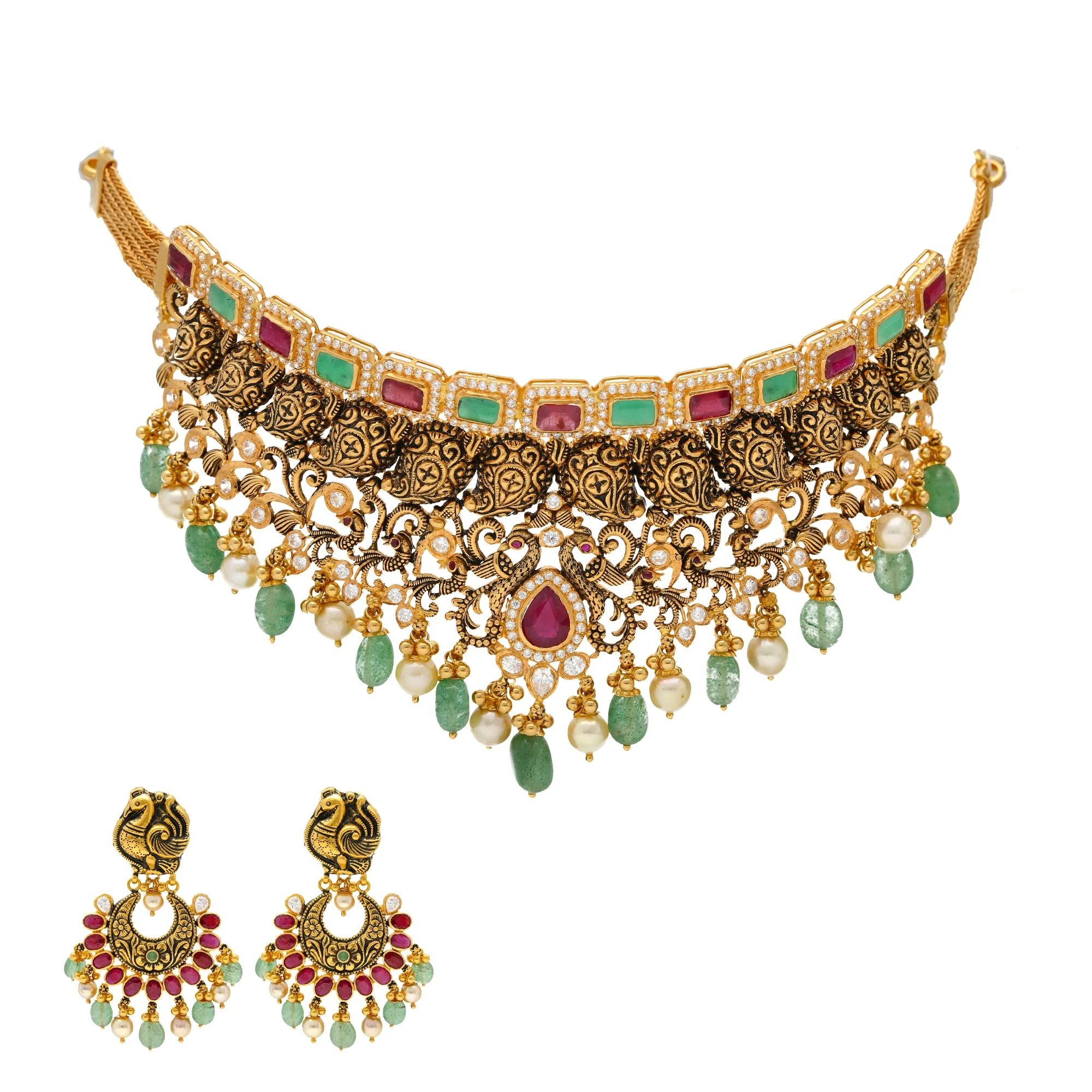 22K Antique Gold Choker Set with Gemstones & Pearls (98 grams)