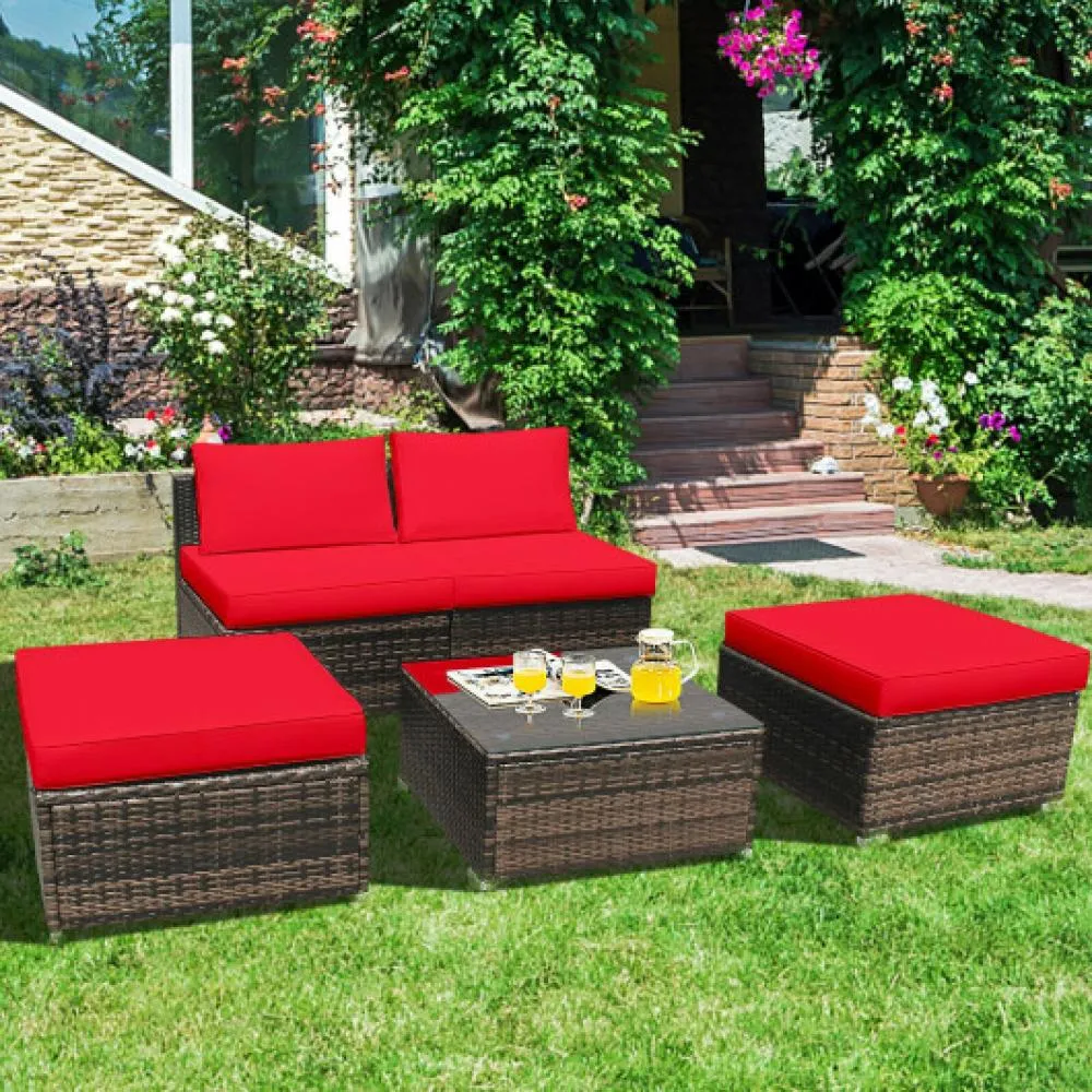 5 Pieces Patio Rattan Furniture Set with Cushioned Armless Sofa-Turquoise