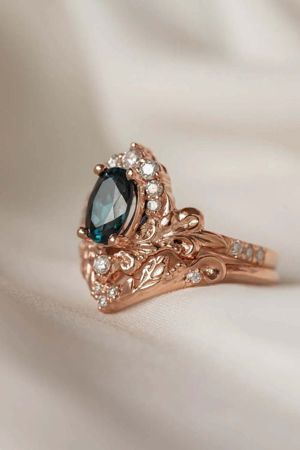 Baroque inspired engagement ring with tourmaline and diamonds, crown shape gold ring / Sophie