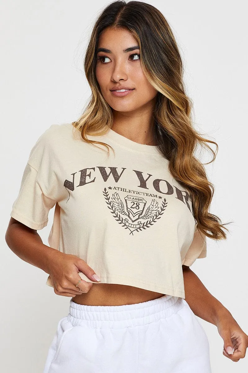 Beige Graphic T Shirt Short Sleeve