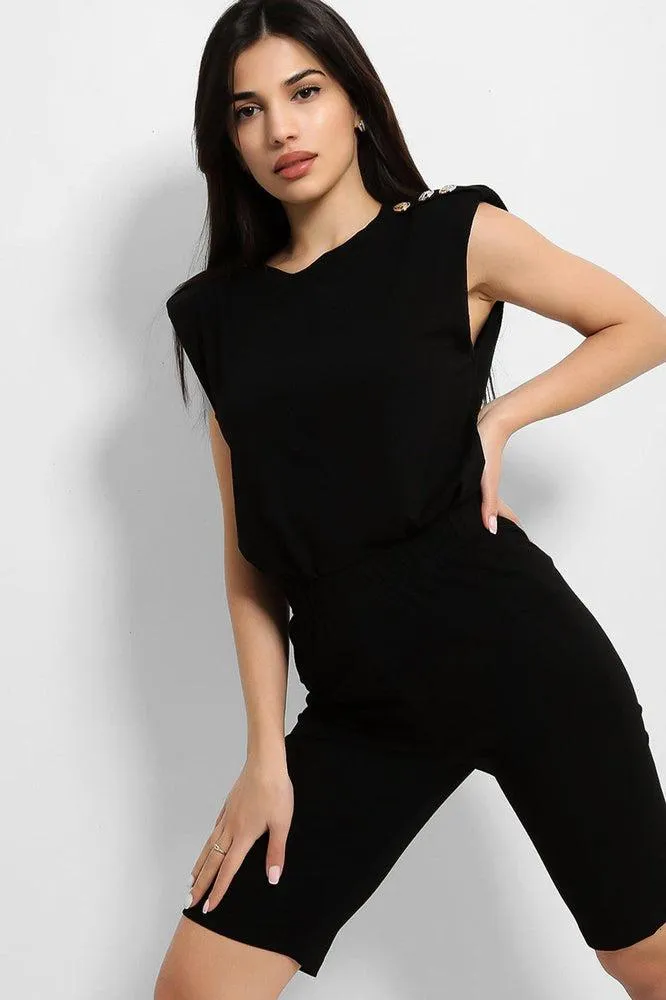 Black Buttoned Power Shoulder Top And Cycling Shorts Set