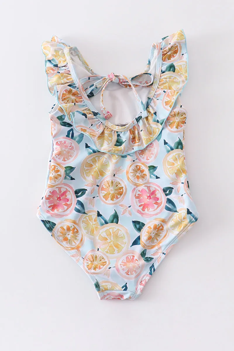 Blue lemon print ruffle girl swimsuit UPF50 