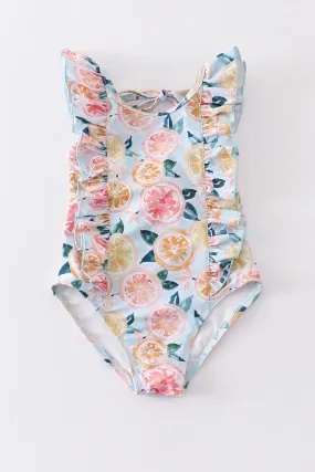 Blue lemon print ruffle girl swimsuit UPF50 