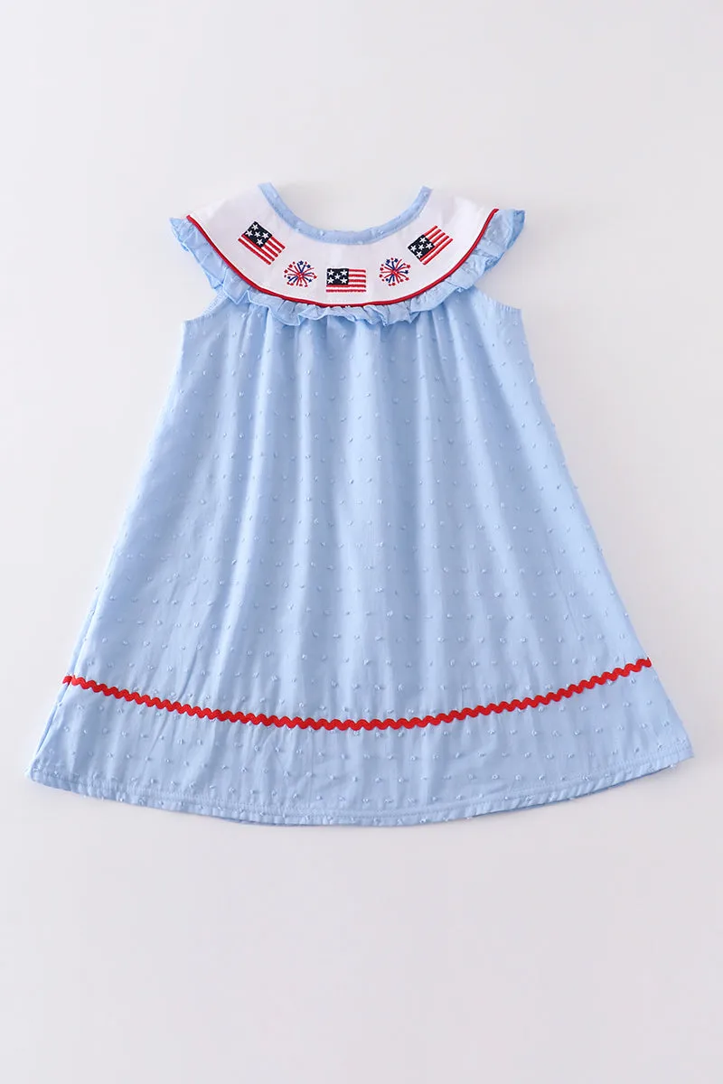 Blue Patriotic flag embroidery swiss dot dress