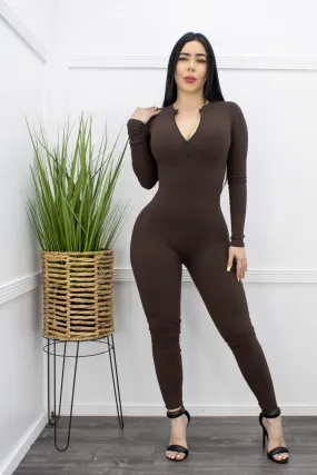 Bodycon Long Sleeve Jumpsuit Brown