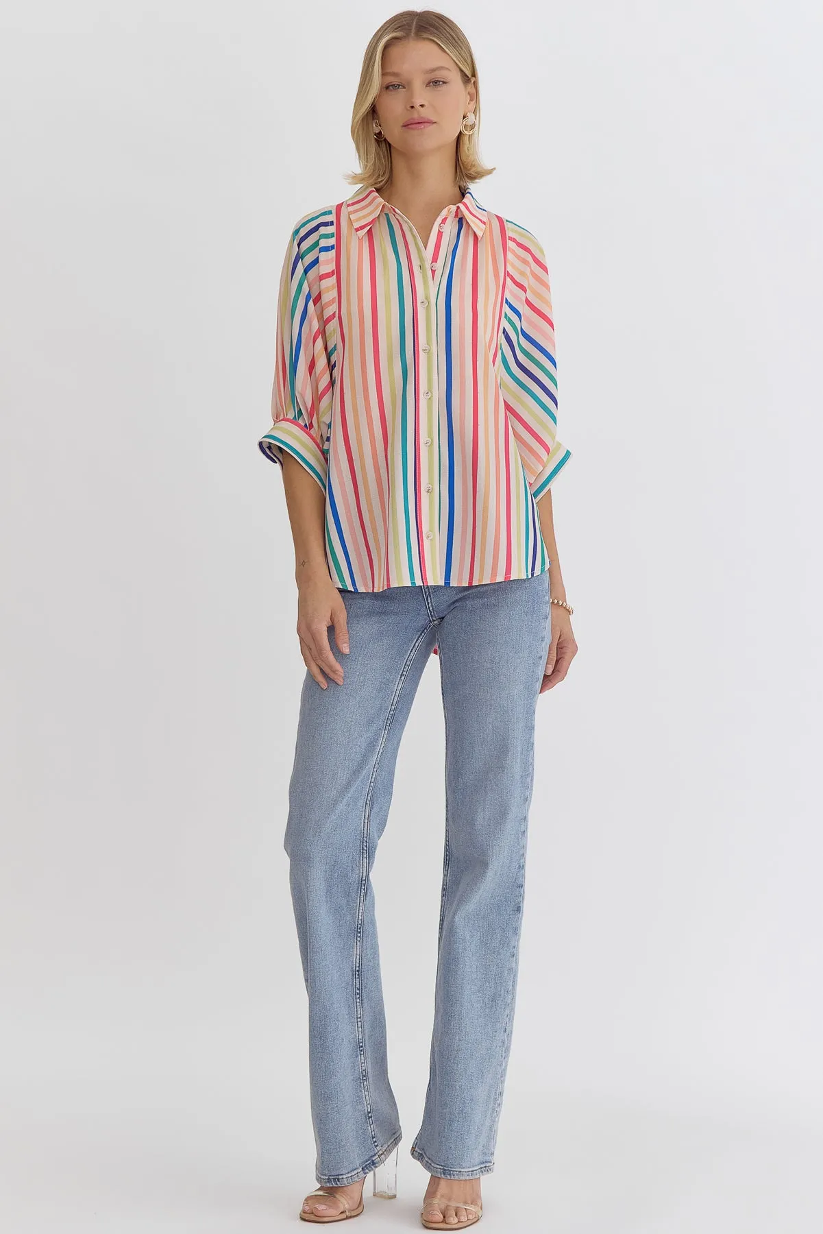 Button Down Multicolor Striped Collared Top