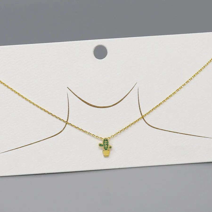 Cactus CZ Pave Pendant Gold Dipped Short Necklace