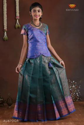 Dark Green Copper Silk Pattu Pavadai For Girls - Festive Wear!!!