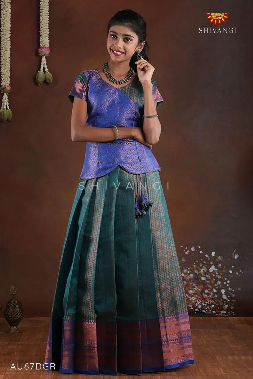 Dark Green Copper Silk Pattu Pavadai For Girls - Festive Wear!!!