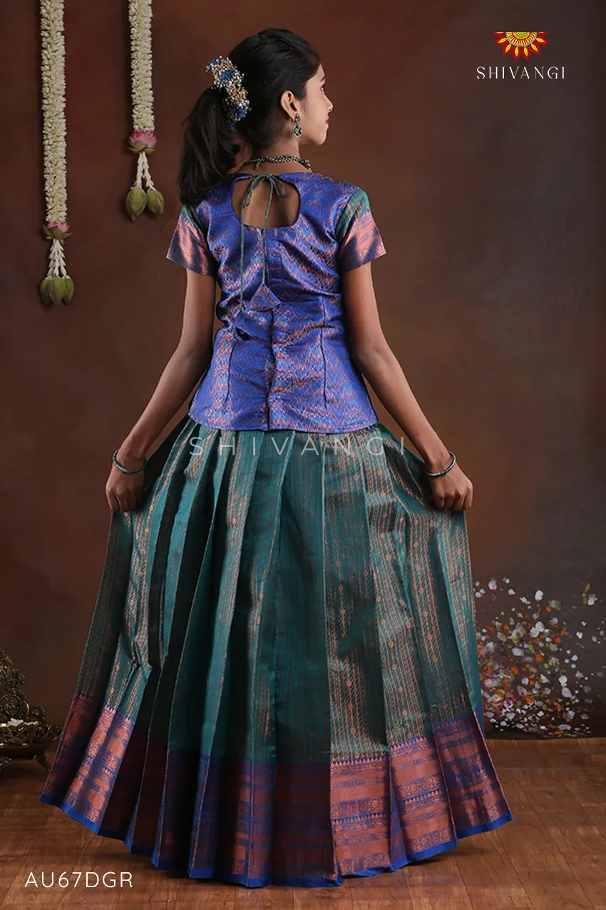 Dark Green Copper Silk Pattu Pavadai For Girls - Festive Wear!!!