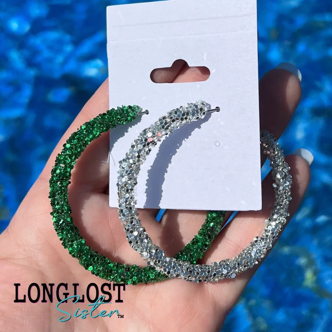 Green and Silver Glitter Hoop Earrings