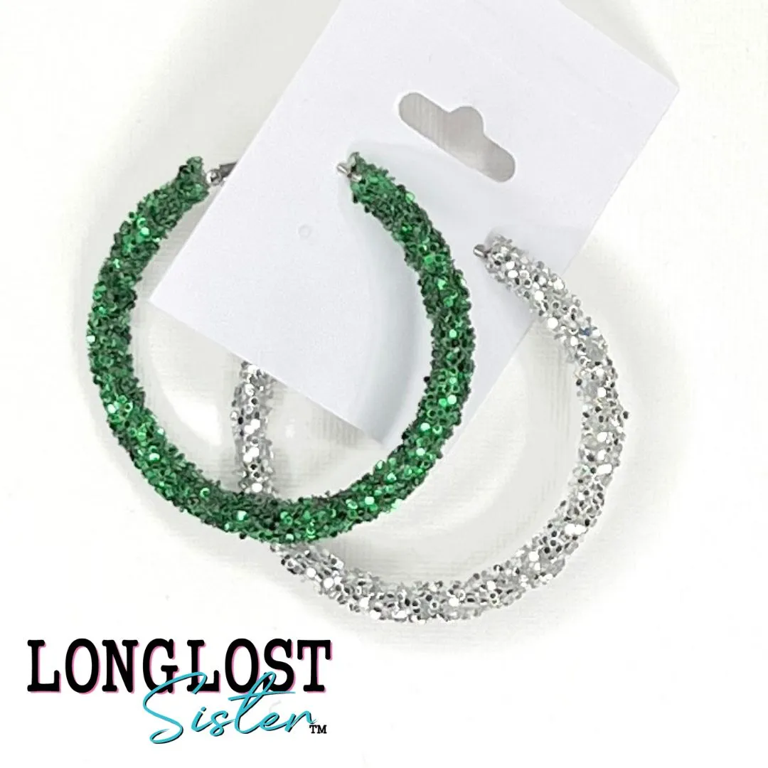 Green and Silver Glitter Hoop Earrings