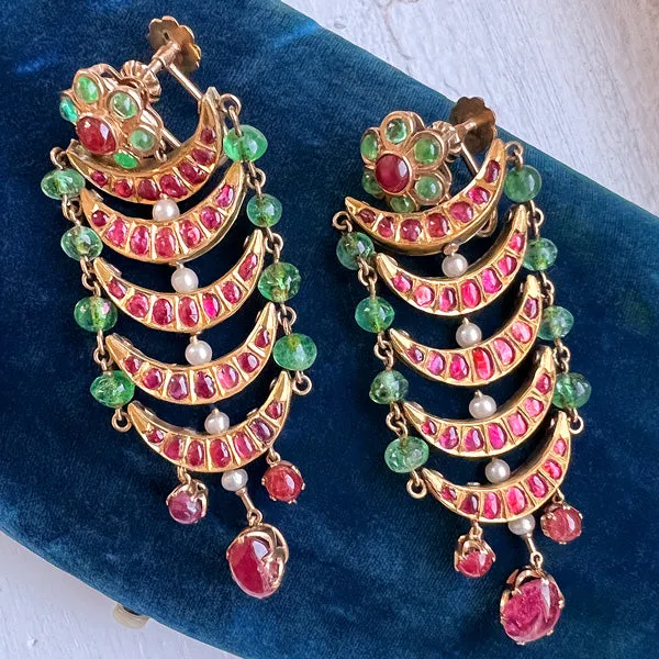 Indian Ruby, Emerald & Pearl Drop Earrings