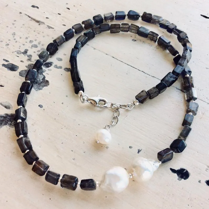 Iolite and Baroque Pearls Necklace with Sterling Silver Beads and Closure