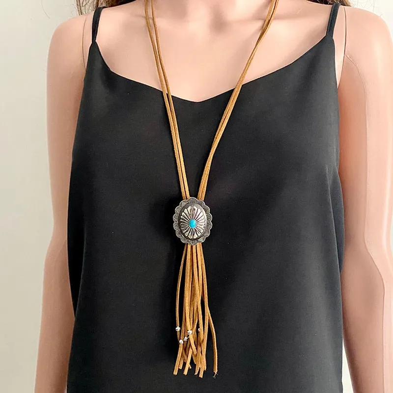 Leather Concho Bolo Tie Style Necklace In 5 Colors You Choose Tan Black White Red Or Light Blue Long Suede Laces With Silver Beaded Fringe Boho Western Southwestern Stackable Statement Necklace