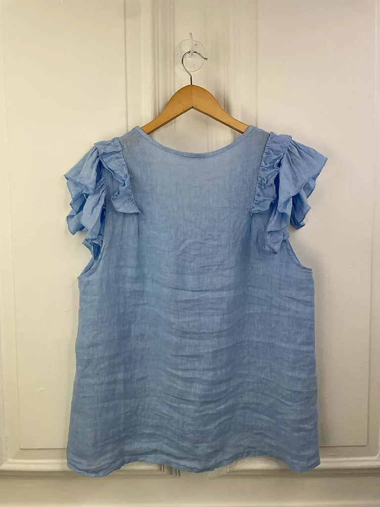 Linen Frill Sleeve Top - Sky Blue