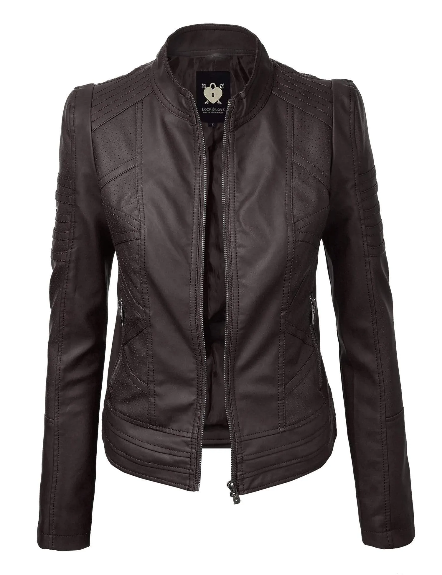 Made By Johnny MBJ Womens Faux Leather Zip Up Moto Biker Jacket with Stitching Detail