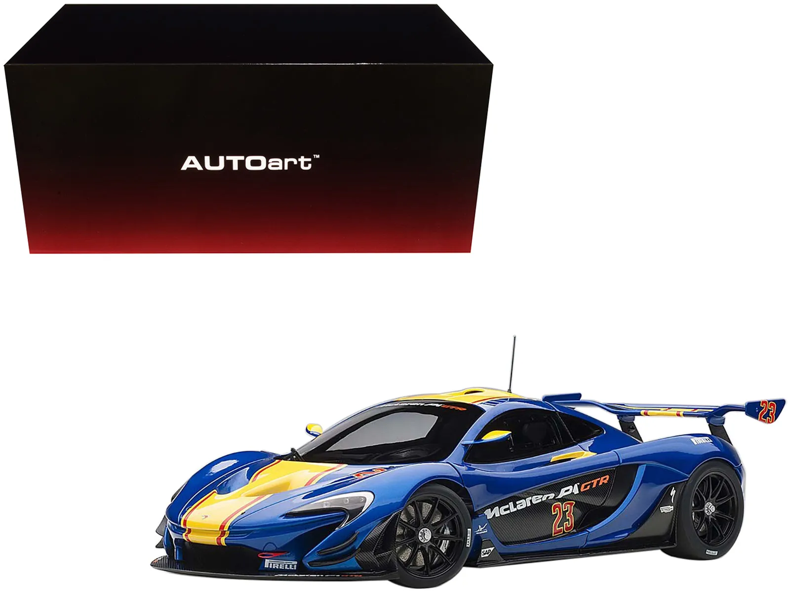 Mclaren P1 GTR #23 Metallic Blue with Yellow Stripe 1/18 Model Car by Autoart