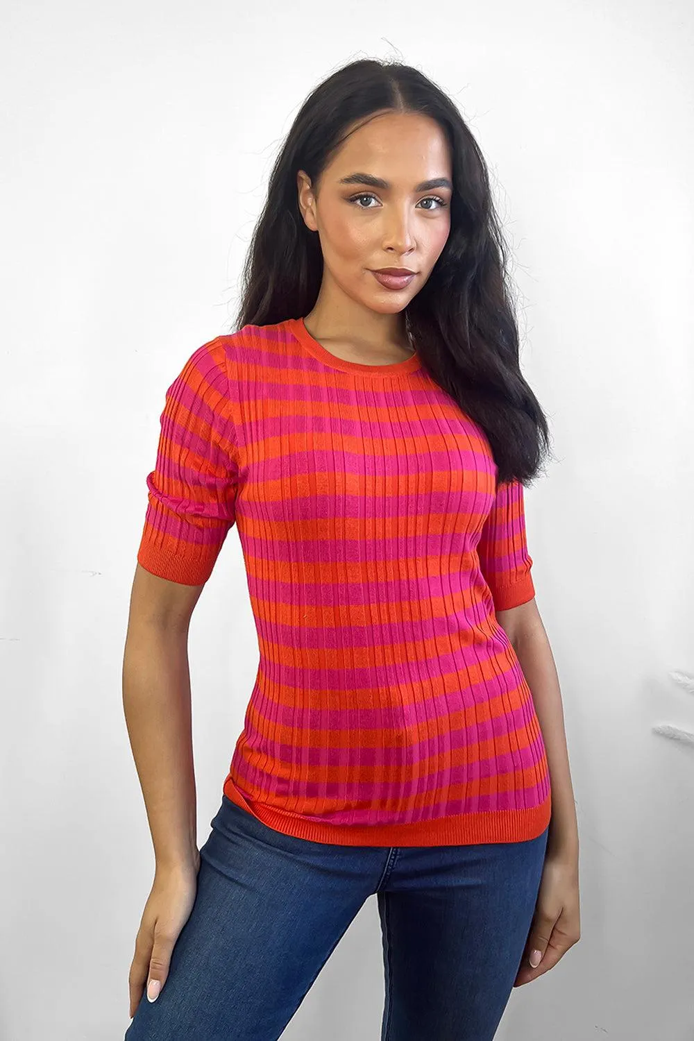 Red Orange Stripes Short Sleeves Pullover