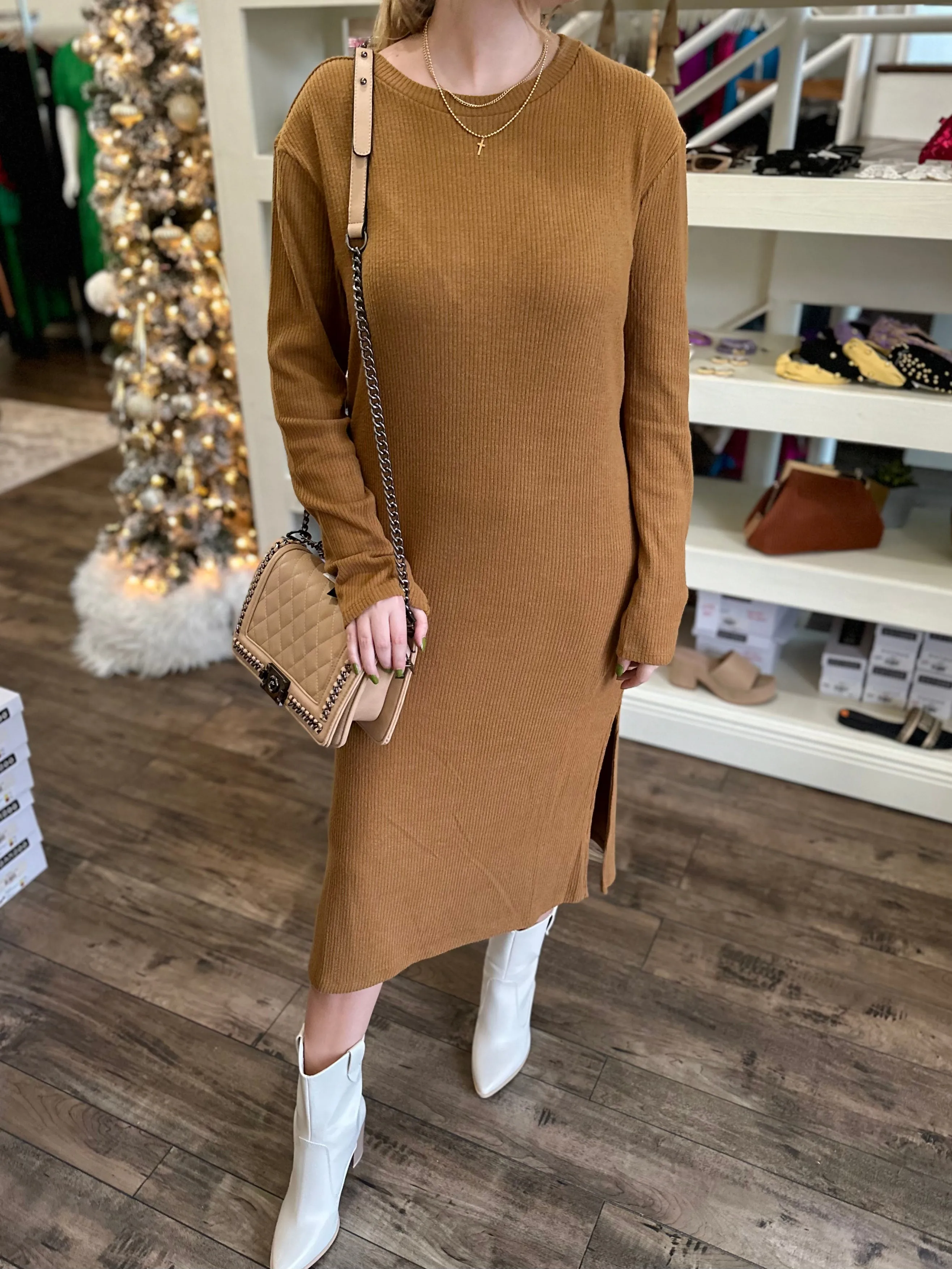 Ribbed Long Sleeve Midi Dress