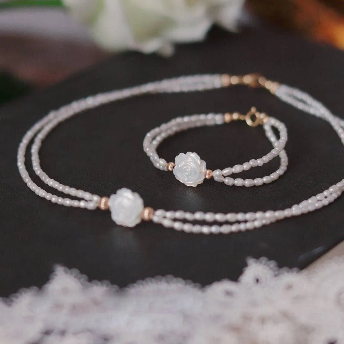 Rose Carvered Mother of Pearls Shell Layered Pearls Necklace and Bracelet (Purchase Individually)