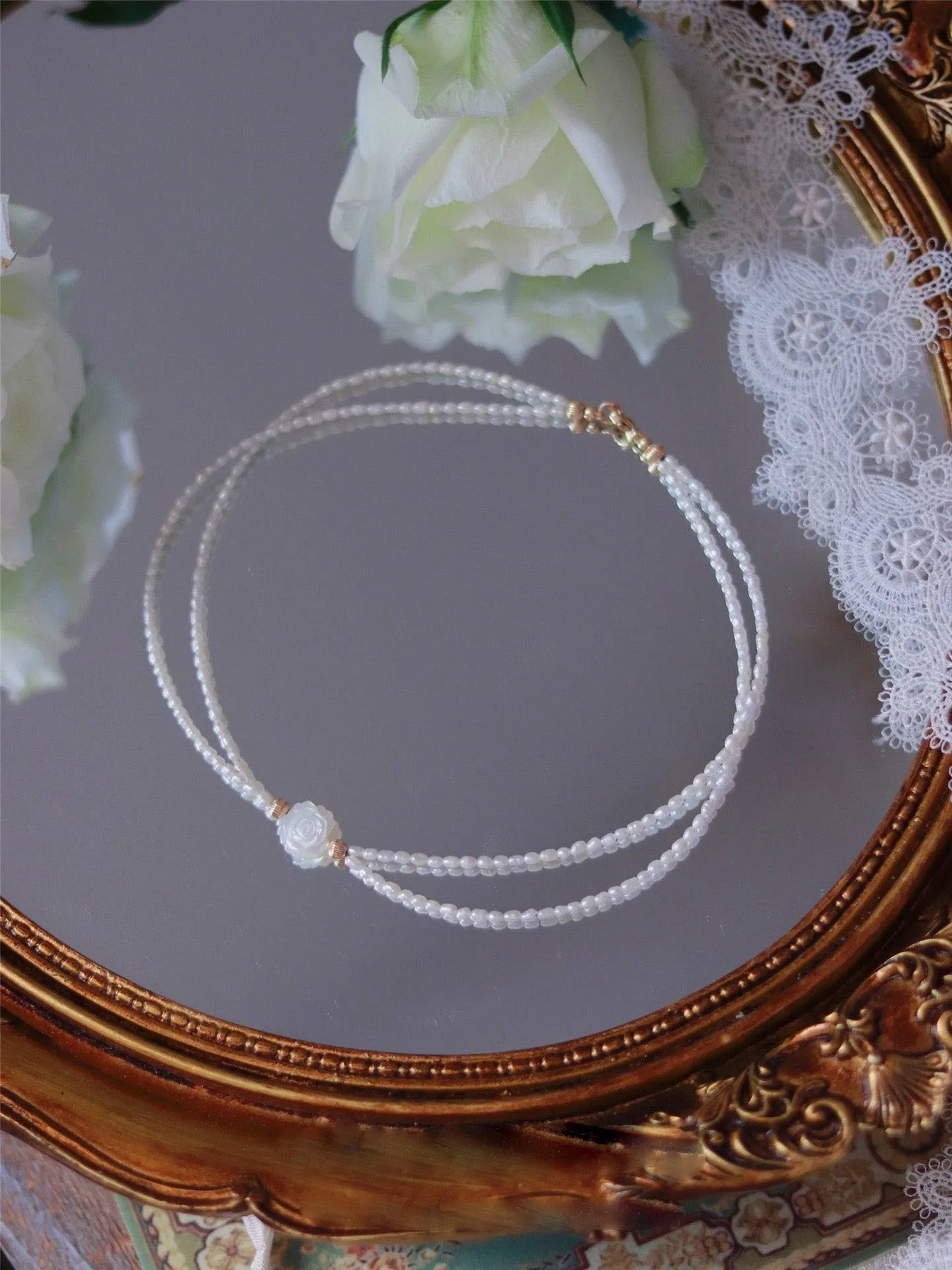 Rose Carvered Mother of Pearls Shell Layered Pearls Necklace and Bracelet (Purchase Individually)