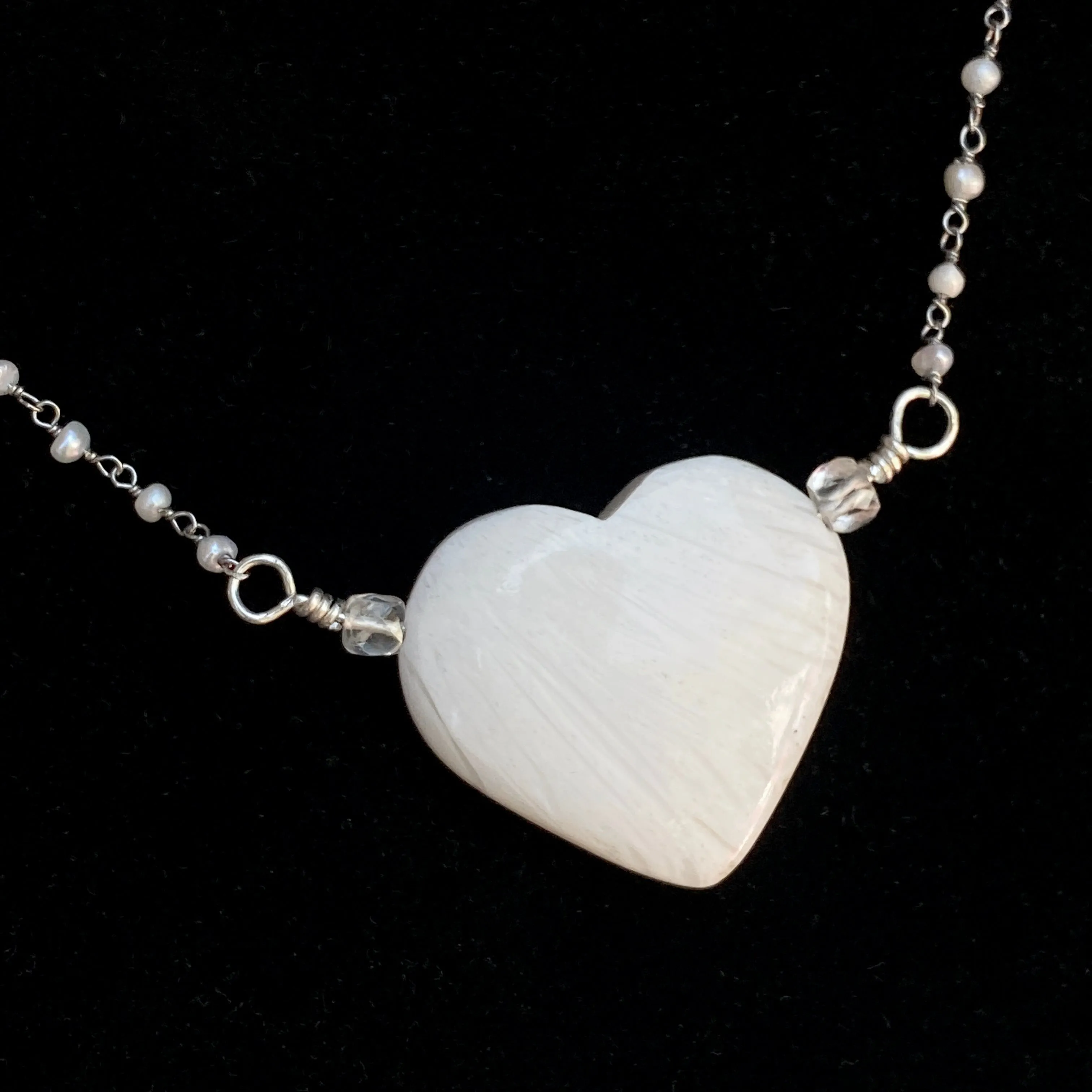 Scolecite gemstone Heart on Sterling Silver Wrapped Fresh Water Pearl Chain Necklace