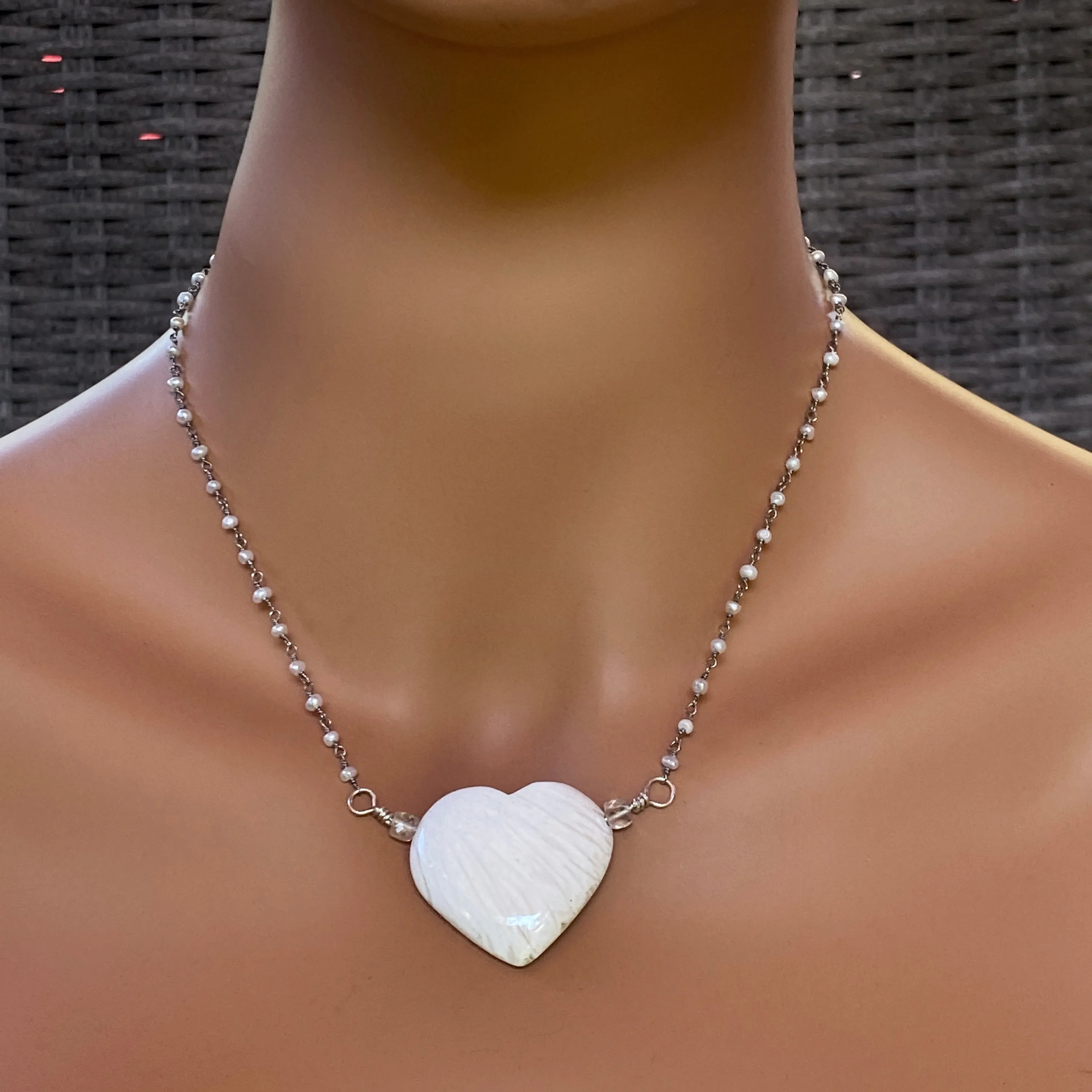 Scolecite gemstone Heart on Sterling Silver Wrapped Fresh Water Pearl Chain Necklace