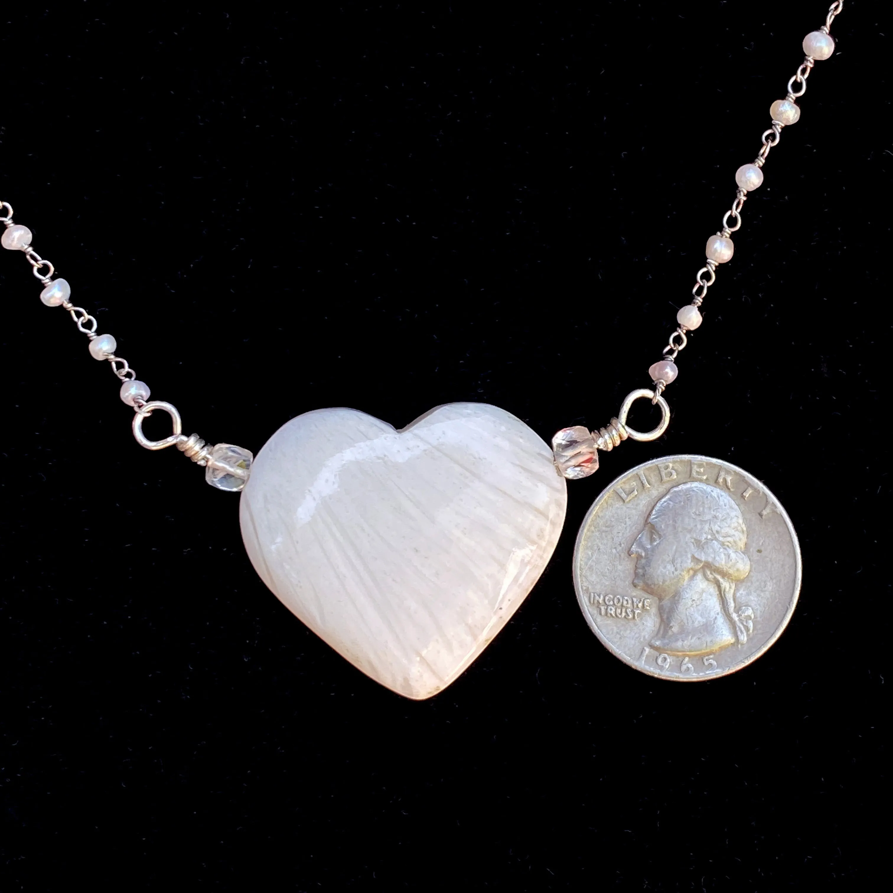 Scolecite gemstone Heart on Sterling Silver Wrapped Fresh Water Pearl Chain Necklace