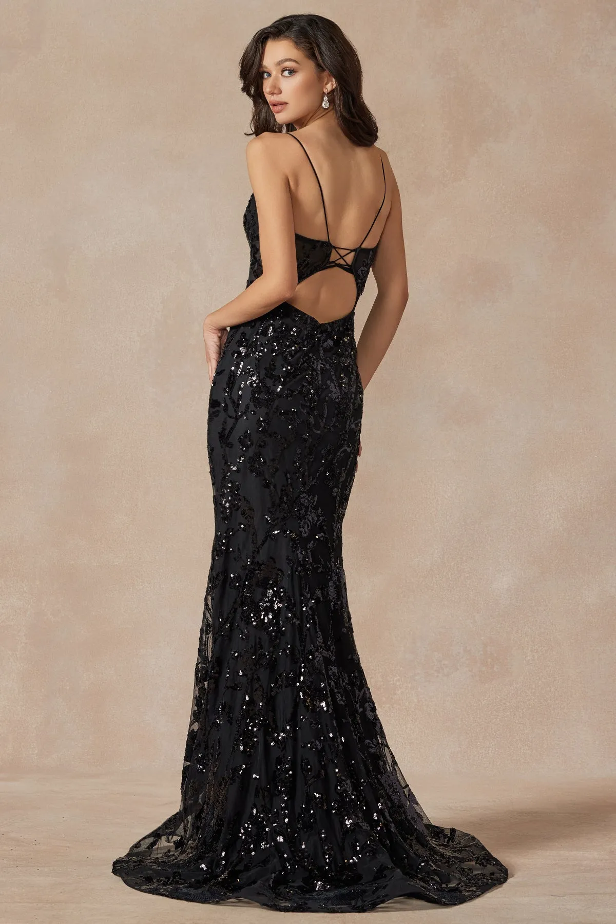 Sequin lace embellishments fitted prom gown