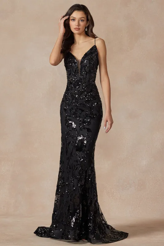 Sequin lace embellishments fitted prom gown