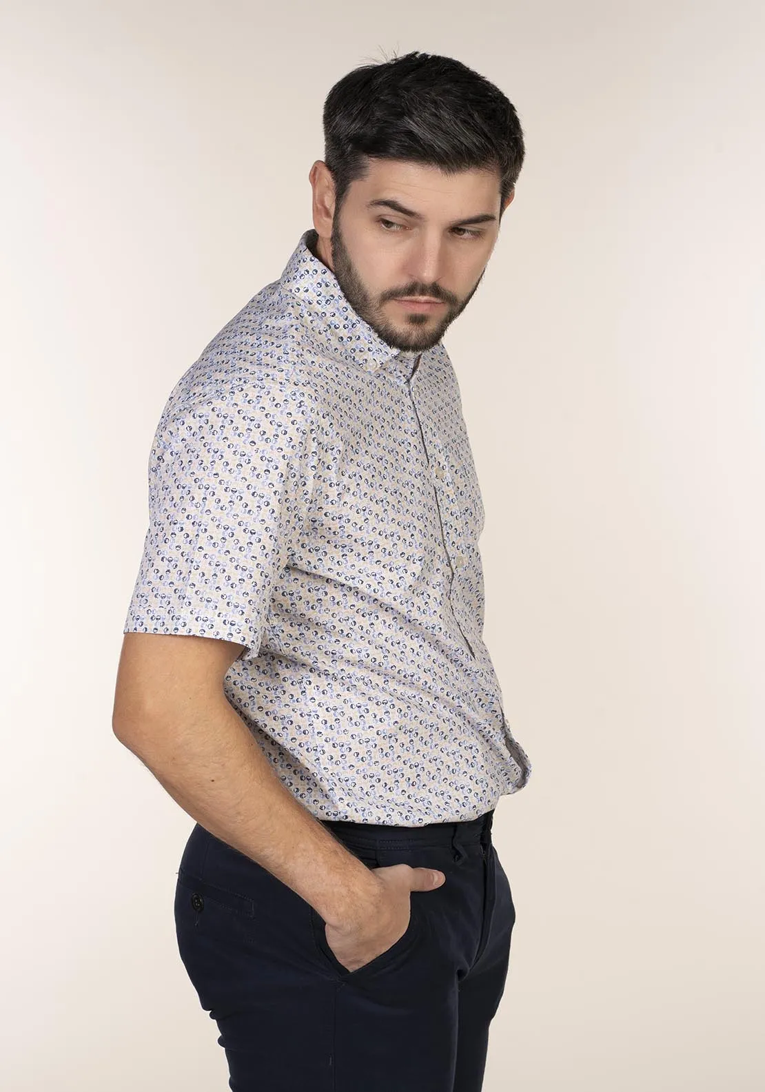 Short Sleeve Print Shirt - Blue / Beige