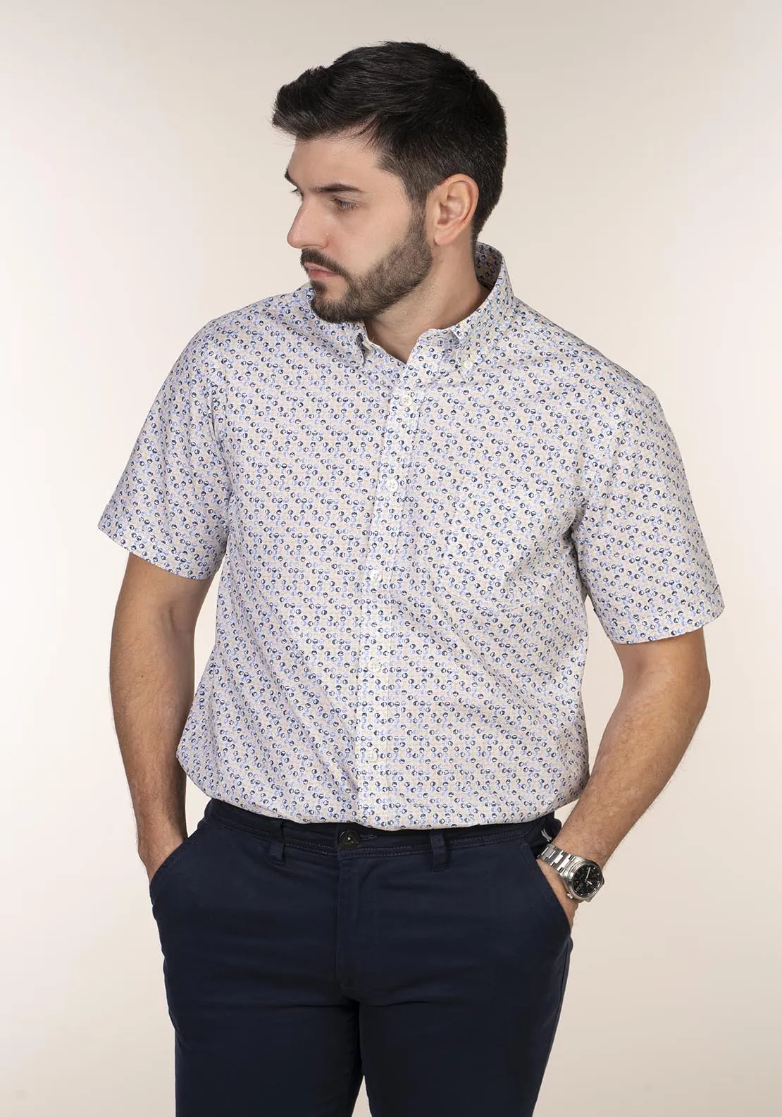 Short Sleeve Print Shirt - Blue / Beige