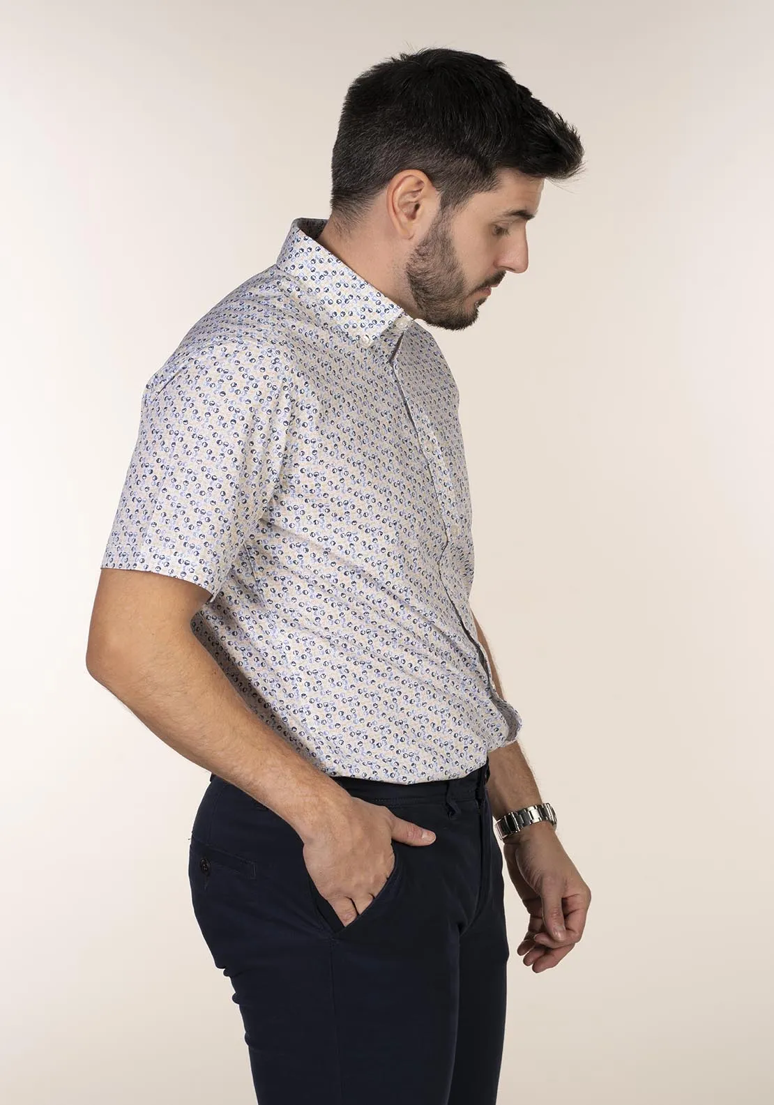 Short Sleeve Print Shirt - Blue / Beige