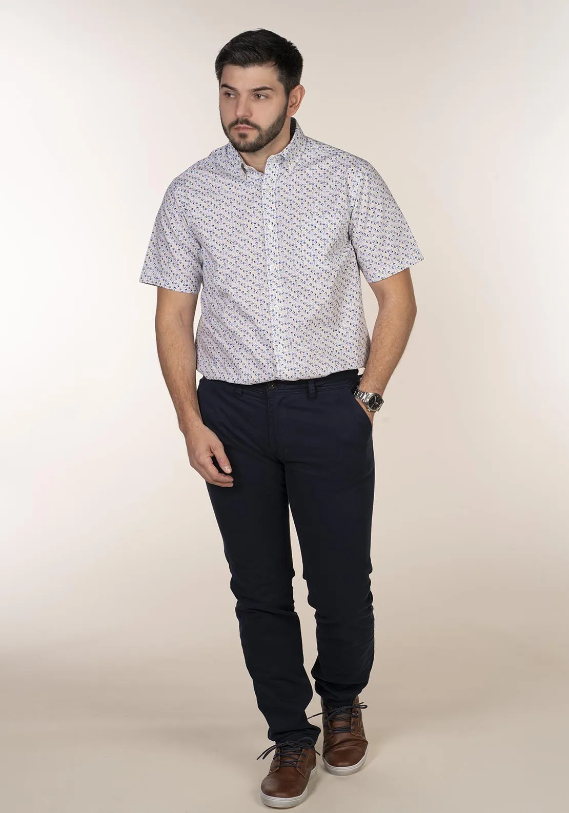 Short Sleeve Print Shirt - Blue / Beige