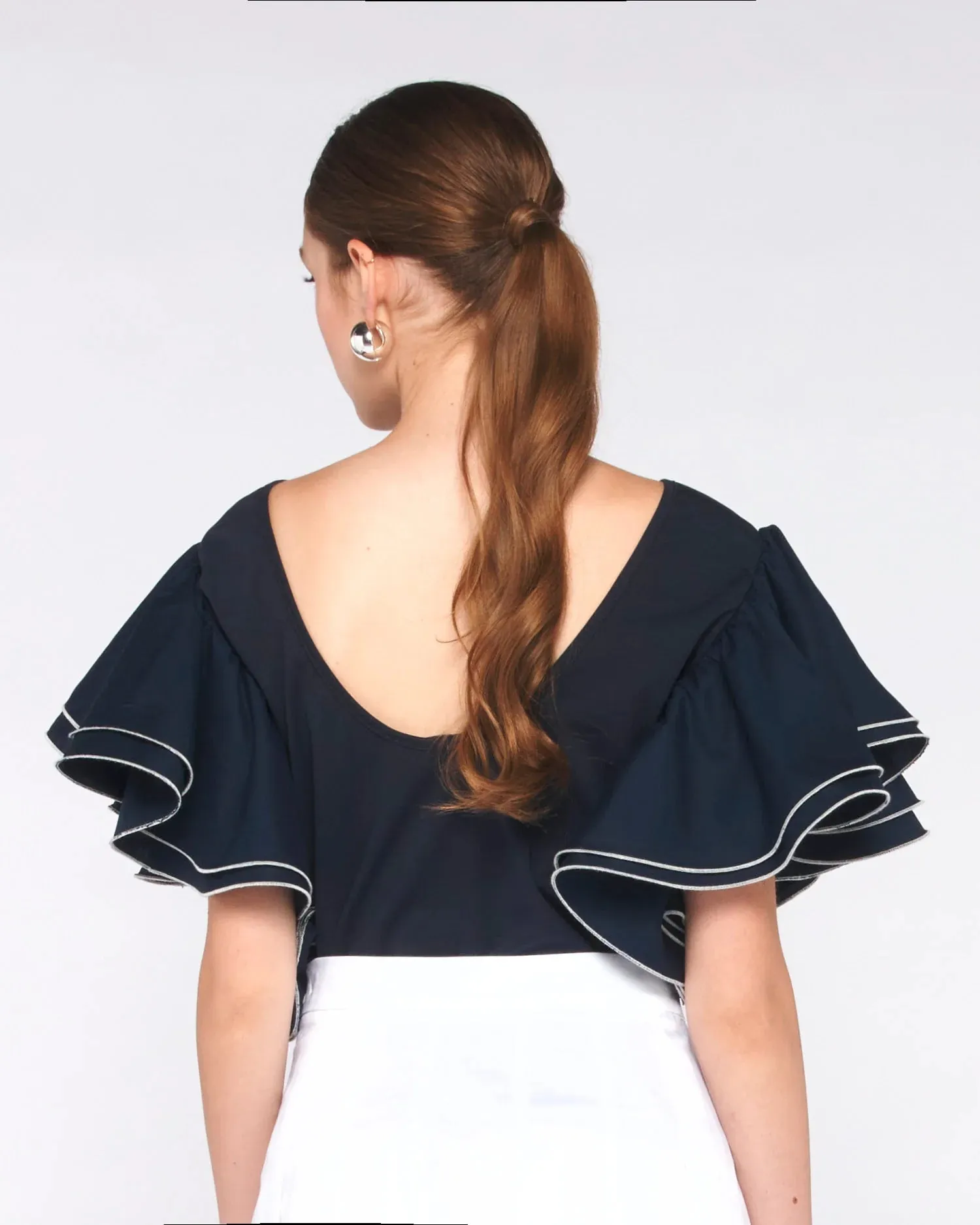 Silvian Heach Navy Top With Ruffle Sleeves