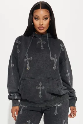 Sunday Rhinestone Washed Hoodie - Black Wash