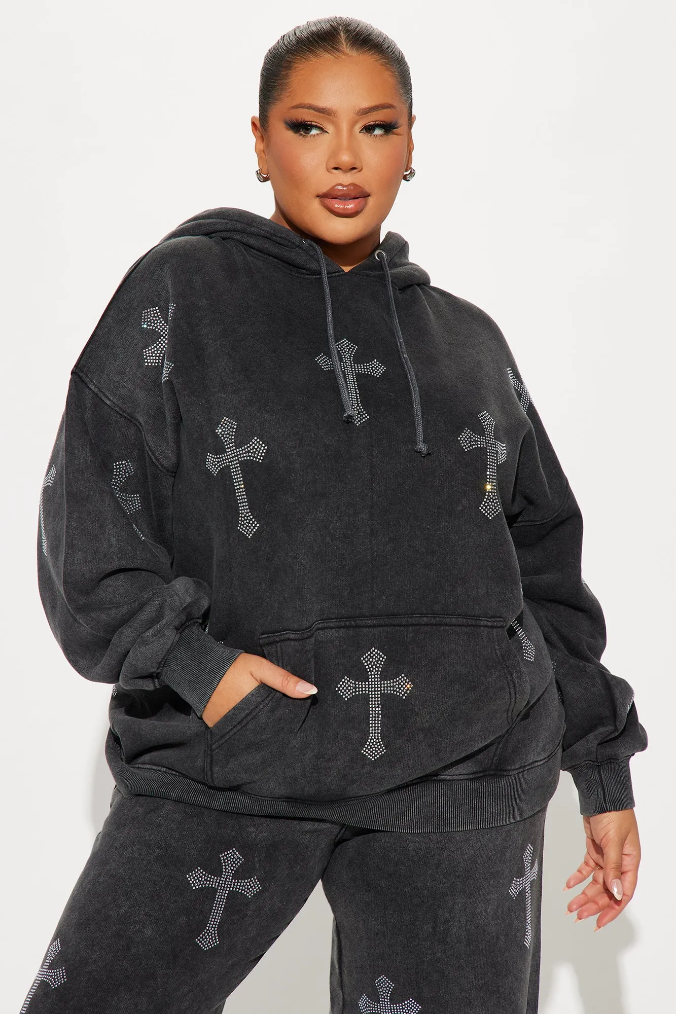 Sunday Rhinestone Washed Hoodie - Black Wash