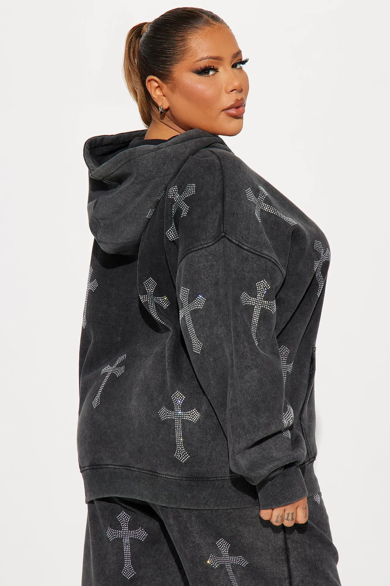 Sunday Rhinestone Washed Hoodie - Black Wash