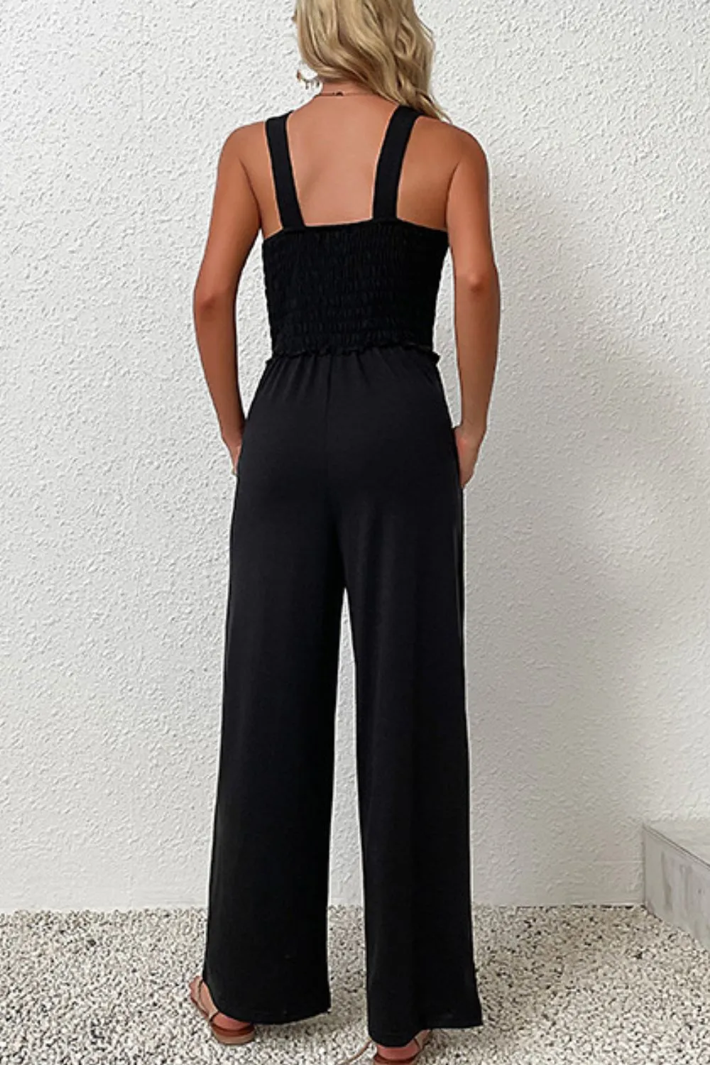 Sunset and Swim Smocked Sleeveless Wide Leg Jumpsuit with Pockets