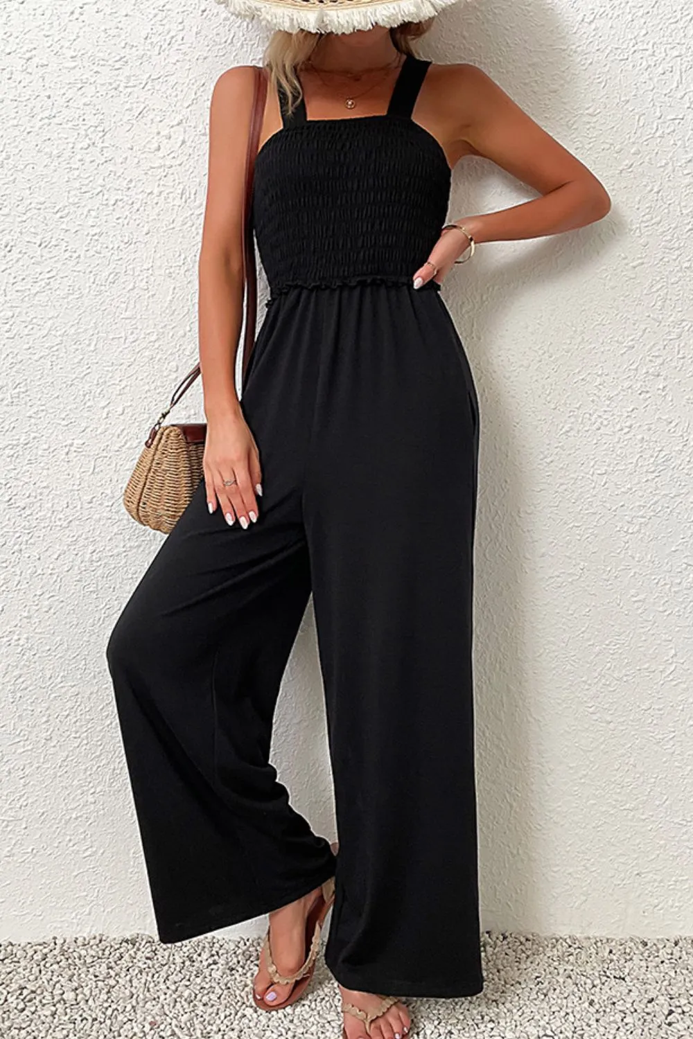 Sunset and Swim Smocked Sleeveless Wide Leg Jumpsuit with Pockets