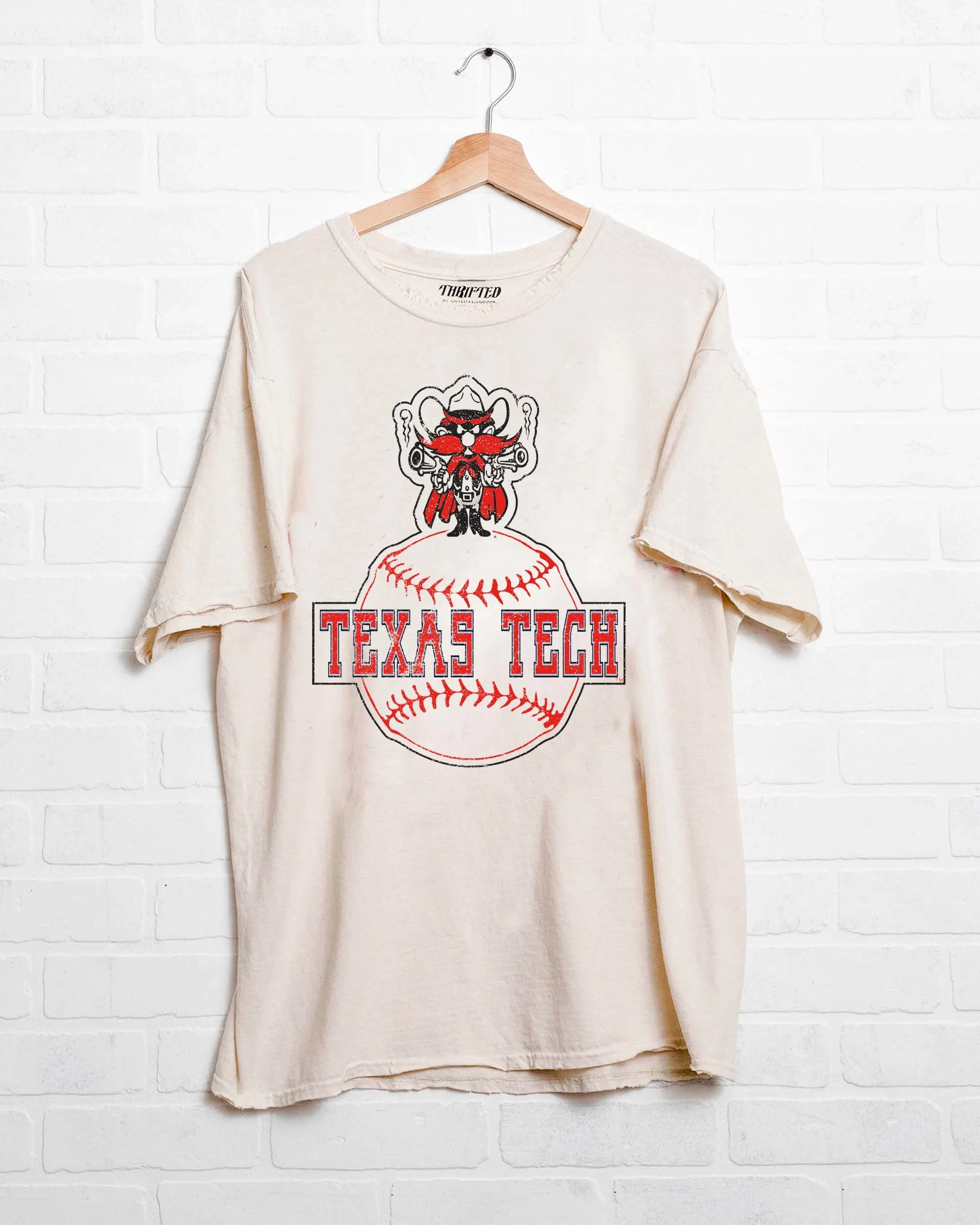 Texas Tech Mascot Baseball Off White Thrifted Tee