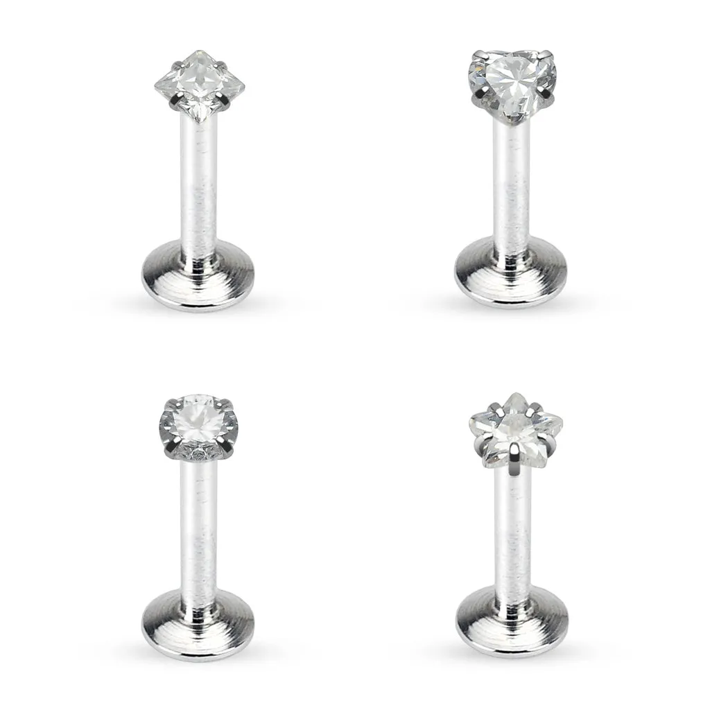 Value Pack 4 Pcs Internally Threaded 316L Surgical Steel WildKlass Labret/Monroe with Prong Set CZ Top