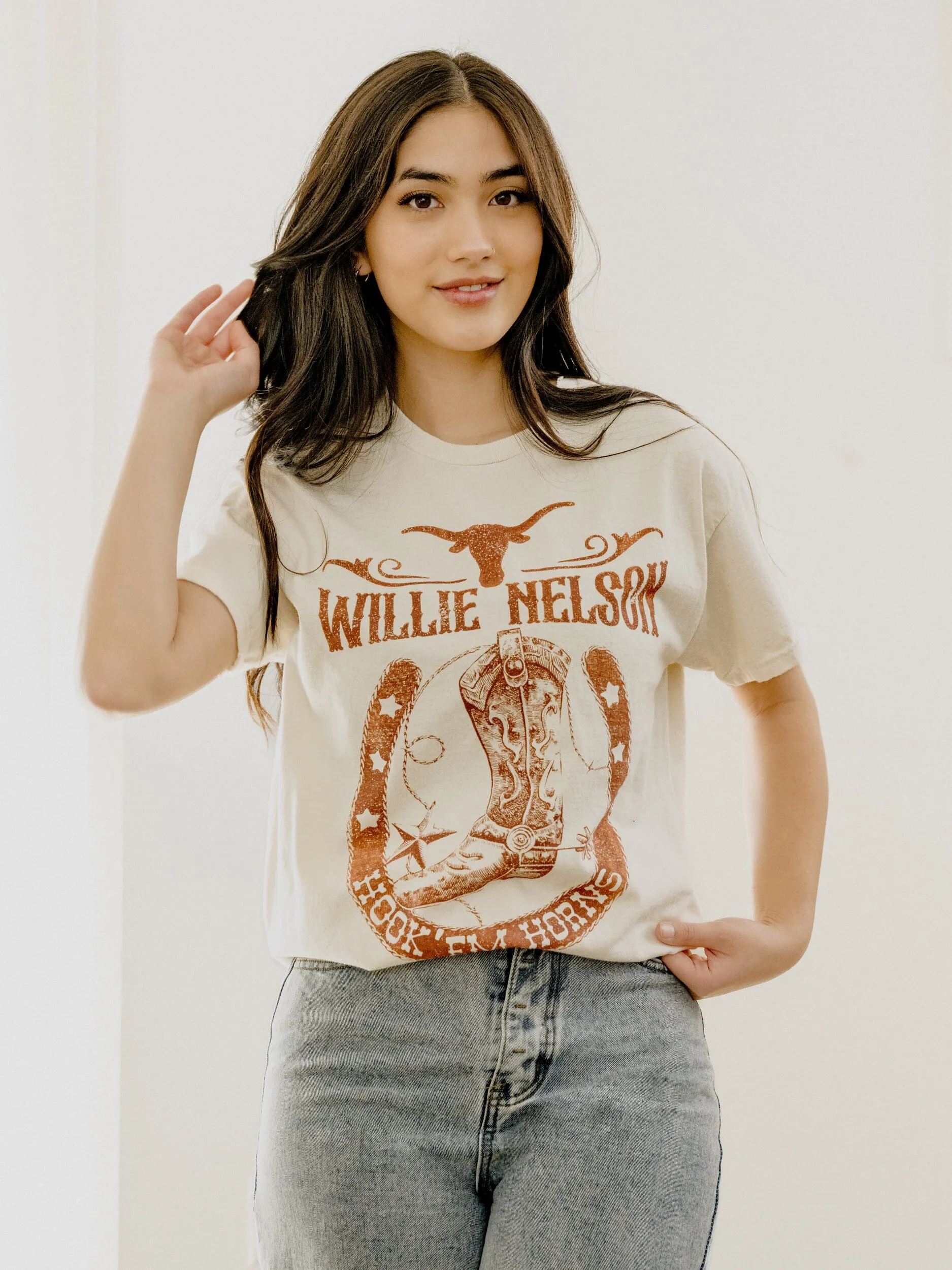 Willie Nelson UT Hook 'Em Boot Off White Thrifted Tee