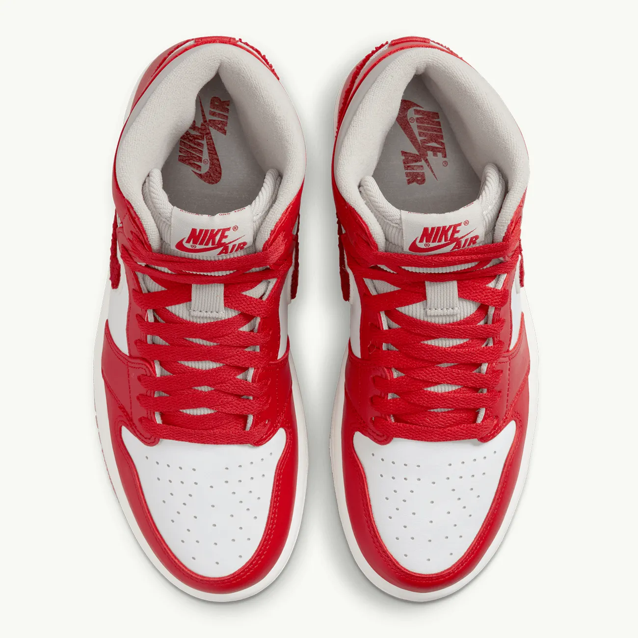 WOMENS AIR JORDAN 1 RETRO HI OG LIGHT IRON ORE VARISITY RED SAIL