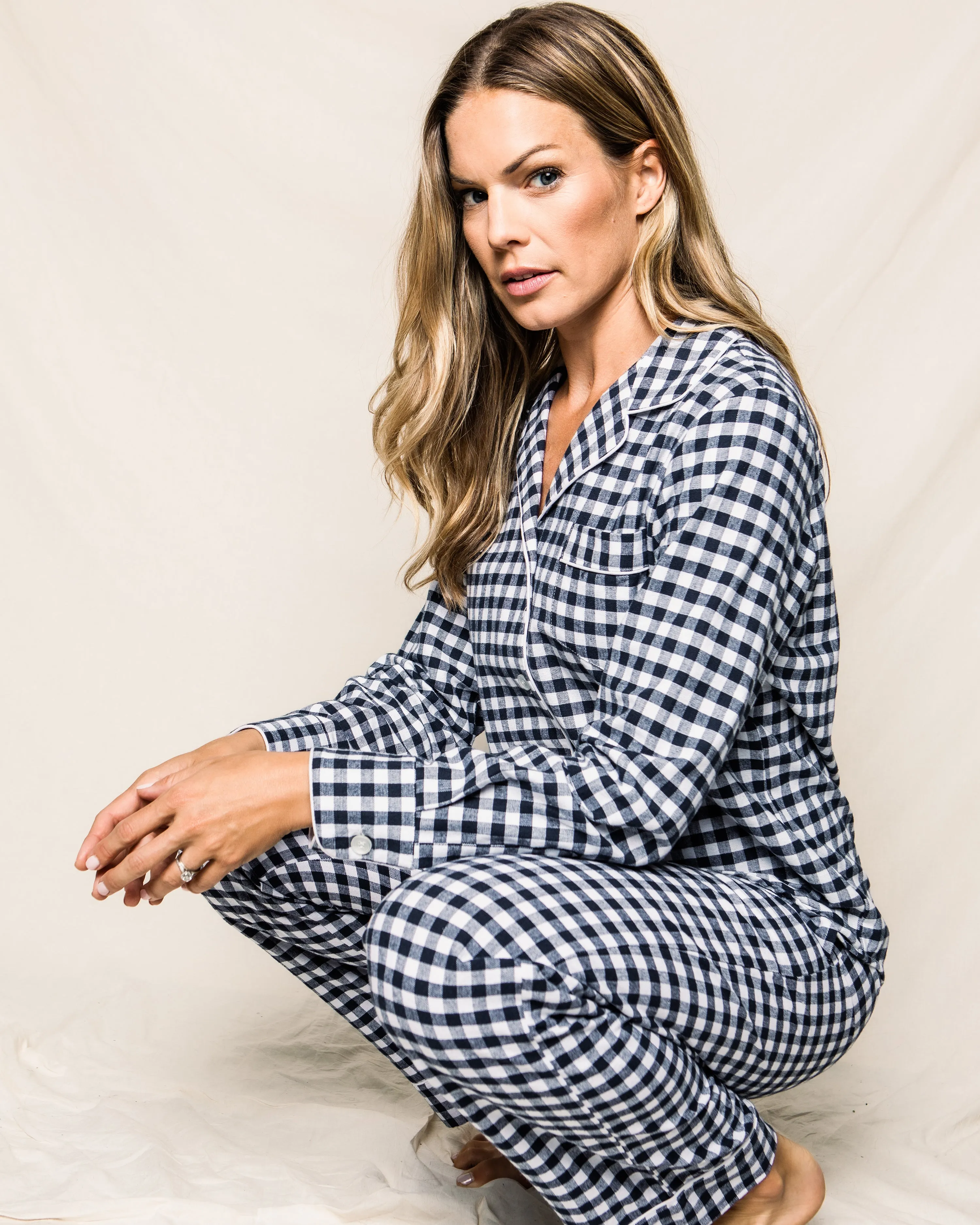 Women's Navy Gingham Flannel Pajama Set